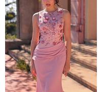 Elegantes formelles staubrosa Chiffonkleid mit 3D-Blumen-Pailletten-Stickerei, Rundhalsausschnitt, ärmellos, Fishtail-Saum, Falten, Schleppe, Gala, Ab