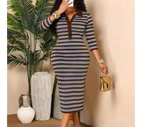 Elegantes gestreiftes Bodycon-Midi-Kleid in Große Größen für Damen, gestricktes braunes Kleid mit Hemdkragen, halben Ärmeln und Knöpfen, figurbetont f