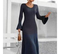 Elegantes gestricktes Kleid für Frauen, gestreiftes Rundhalskeid mit Volantärmeln in Farbblock, langer Pulloverkleid, Weihnachten, Thanksgiving, Neuja