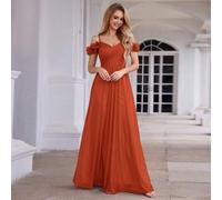 Elegantes glänzendes 3D-Blumen-Off-Shoulder Spaghettiträger-Karamell-Orange Brautjungfernkleid, geeignet für Frühlings-/Sommerhochzeitsgäste, formelle