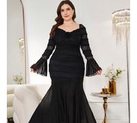 Elegantes Große Größen Kleid mit V-Ausschnitt, Spitze und 3D Blumen Dekor, langärmliges figurbetontes Design, geeignet für Frühling & Sommer