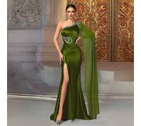 Elegantes grünes Grasfarben-Satin-Abendkleid mit einem Träger, Perlenverzierung und hohem Schlitz, Damen Abendkleider, Luxus-Abendkleid, Festliches Kl