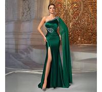 Elegantes grünes Satin-Abendkleid mit einem Schulterträger, Perlenverzierung und hohem Schlitz, Damen Abendkleider, Luxus-Abendkleid, Festliches Kleid