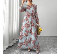 Elegantes hellblaues Damen-Maxikleid mit Blumenmuster, plissiert, Große Größen, Langarm, Chiffon, A-Linie, dezent, für Herbst, Hochzeit, Brunch, Gast,
