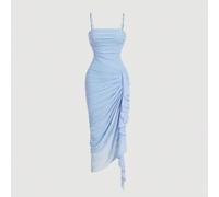 Elegantes hellblaues gerafftes Mesh-Kleid für Damen, Spaghettiträger, asymmetrischer Rüschensaum, figurbetontes Midi-Kleid, Sommerparty, Junggesellinn
