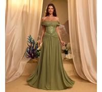 Elegantes hellgrau-grünes leichtes 3D-Off-shoulder, luxuriöse 3D-Pailletten-Taille, schlanke verdrehte Taille, A-Linien-Rock mit verstellbarem Rückens
