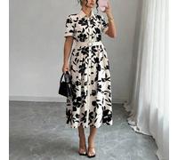 Elegantes Hemdkragen Kurzarm Gürtel Midi-Kleid in Schwarz & Weiß für Große Größen, geeignet für Frühling, Sommer, Herbst