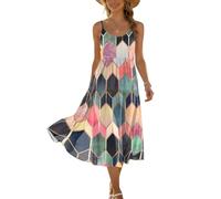 Elegantes Kleid Damen Midikleid Damen Sommerkleid Ärmellos Blumen Boho Strandkleid Spaghettiträger Hohe Taille Rundhals Luftig Freizeit Mode Kleid Hochzeit L C Pink