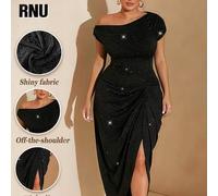 Elegantes Kleid in Große Größen aus glänzendem metallischem Strickstoff mit asymmetrischer Schulter, Karnevals-Outfit, Sommer Neuheit, Rüschendekor, h