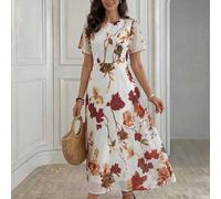 Elegantes Kleid mit Blume Muster, rundem Ausschnitt und kurzen Ärmeln für Frauen mittleren Alters und ältere Damen, Frühling/Sommer