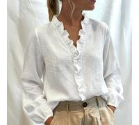 Elegantes lässiges Damen-Top in Weiß mit Allover-Muster, voluminösen elastischen Bubble-Ärmelbündchen und dekorativem Rüschen-Detail vorne, für Büro u