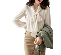 Elegantes Lässiges Langarm-Top,Damen-Chiffon-Bluse Schleife Krawatte Vorne Lange Ärmel Button-Down-Shirt Komfort V-Ausschnitt Tunika-Tops Bluse Elegante Bürohemden Arbeitsbluse Für Mädchen Damen,Wei