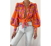 Elegantes Lässiges Langarm-Top,Damen Floral Bedrucktes Revers Oberteile Shirt Orange Satin Tunika Shirt Fledermaus Langarm Chiffon Bluse Shirt Sommerjacke Casual Office Business Bluse Für Mädchen Da