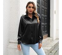 Elegantes Lässiges Langarm-Top,Damen Satin Bluse Shirt Schwarz Langarm Vintage Mode Seidenhemden Business Hemd Mit Knopf Sexy Party Tops Casual Arbeit Büro Bluse Für Mädchen Damen,M