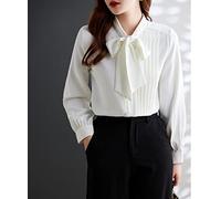 Elegantes Lässiges Langarm-Top,Elegante Damenbluse Mit Fliege, Vorne, Faltentops, Weißes Satin-Tunika-Hemd Mit Langen Ärmeln, Chiffon-Bluse, Hemd, Lässig, Büro, Business-Bluse Für Mädchen, Damen, Xl