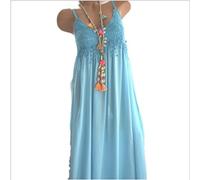 Elegantes, lässiges Sommerkleid für Damen, ärmellos, Rundhalsausschnitt, Punktdruck, Himmelblau, Spitze, Sling, langes Kleid, lässiges Boho-Maxi-Sommerkleid, langes Swing-Strandkleid mit Spaghettiträgern, Weiß, XXL
