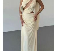 Elegantes langärmeliges rückenfreies Mesh-Kleid in Aprikosenfarbe mit Schulterfrei für Damen, geeignet für Urlaub, Tanz, Party