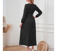 Elegantes langärmeliges V-Ausschnitt-Kleid Schwarz XXL mit Taillengebinde & Slim Fit