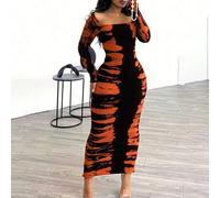 Elegantes langärmliges Bodycon-Kleid in Knöchellänge mit Batik-Kontrastfarbdruck für Frauen, Frühling/Sommer