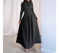 Elegantes langärmliges Maxikleid für Damen, schwarzer unifarbener gerader Strickstoff mit Tailleneinsatz, geeignet für Frühling, Herbst und Winter, Bo