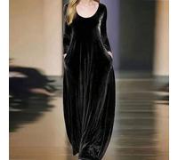 Elegantes langärmliges Samtkleid, ausgestellter Rock, anmutiger koreanischer Stil, geeignet für Herbst/Winter