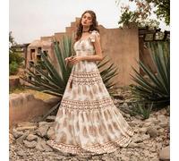 Elegantes langes Kleid mit quadratischem Ausschnitt für Frauen: fließender mehrlagiger Rüschenrock, verziert mit zarten Stickmustern, inklusive Gürtel