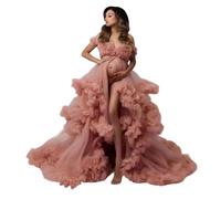 Elegantes langes Umstandskleid aus Tüll mit V Ausschnitt und bodenlangem Rock, der den wachsenden Bauch abdeckt und Unterstützung für Umstandsfotoshootings bietet