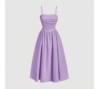 Elegantes lila Sommer-Lavendel-Satin-Cami-Kleid mit Raffung,Pastellfarbene A-Linien-Midi-Kleider für Frauen,Spaghetti-Träger fließendes Hochzeitsgast-