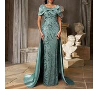 Elegantes luxuriöses grünes Pailletten-besticktes Patchwork fließendes Satin Off-Shoulder Schleife Maxi Kleid mit Oversized Rock, formelles Abendkleid