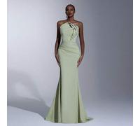 Elegantes, luxuriöses, hellgrünes, elastisches Strick-Maxikleid mit asymmetrischem Ausschnitt, geraffter Taille, sexy Schlitz und Schleppe, Abendkleid