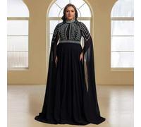 Elegantes Luxus-Chiffonkleid mit Mesh, Strass und hohem Kragen mit langen Ärmeln für Partys, Hochzeitsgäste, formelle Anlässe, Abendkleider in Große G