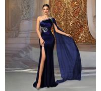 Elegantes marineblau einschwenkliges Satin Abendkleid mit Perlenverzierung und hohem Schlitz, Damen Abendkleider, Luxus Abendkleid, Festliches Kleid f