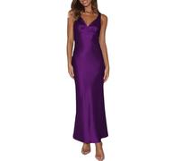 Elegantes Maxikleid für Damen, Satin, V-Ausschnitt, rückenfrei, ärmellos, Seidenkleid, tiefer Rücken, formelle Cocktailkleider, Hochzeitsgäste, Violett, Klein