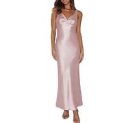 Elegantes Maxikleid für Damen, Satin, V-Ausschnitt, rückenfrei, ärmellos, Seidenkleid, tiefer Rücken, formelle Cocktailkleider, Hochzeitsgäste, Pink, Klein