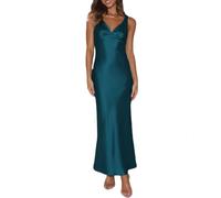 Elegantes Maxikleid für Damen, Satin, V-Ausschnitt, rückenfrei, ärmellos, Seidenkleid, tiefer Rücken, formelle Cocktailkleider, Hochzeitsgäste, Blaugrün/EIN Hauch von Paradies (Trace of Paradise),