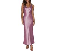 Elegantes Maxikleid für Damen, Satin, V-Ausschnitt, rückenfrei, ärmellos, Seidenkleid, tiefer Rücken, formelle Cocktailkleider, Hochzeitsgäste, Rose, Klein
