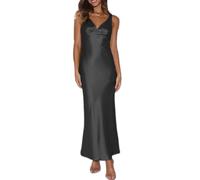 Elegantes Maxikleid für Damen, Satin, V-Ausschnitt, rückenfrei, ärmellos, Seidenkleid, tiefer Rücken, formelle Cocktailkleider, Hochzeitsgäste, Schwarz, X-Klein
