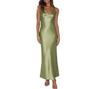 Elegantes Maxikleid für Damen, Satin, V-Ausschnitt, rückenfrei, ärmellos, Seidenkleid, tiefer Rücken, formelle Cocktailkleider, Hochzeitsgäste, Oliv/Blatt für Mich (Leaf It to Me), X-Groß