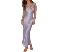 Elegantes Maxikleid für Damen, Satin, V-Ausschnitt, rückenfrei, ärmellos, Seidenkleid, tiefer Rücken, formelle Cocktailkleider, Hochzeitsgäste, Helles Violett, Klein