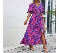 Elegantes Maxikleid für Mollige Frauen für Feiertage, mit ganzflächigem Überlappungs-Design, V-Ausschnitt, kurze Rüschenärmel, Schlitz am Saum