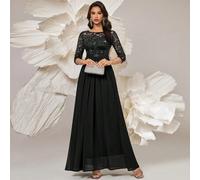 Elegantes Maxikleid mit Paillettenblumen, Spitze und plissiertem Saum, 3/4 Ärmel, für festliche Anlässe