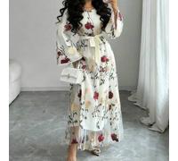 Elegantes Maxikleid mit Trompetenärmeln, quadratischem Ausschnitt und Rosenbestickung aus Mesh