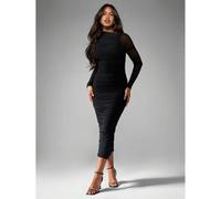 Elegantes Mesh-Kleid mit langen Ärmeln, geraffter Passform, Midi-Länge, Partykleid, Abendkleid, Gelegenheitskleid, figurbetontes Herbst-Winter-Kleid