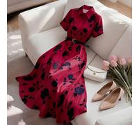 Elegantes Midi-Kleid mit Hemdkragen, geraffter Taille und kurzen Ärmeln, geeignet für Lässig, Urlaub, Pendeln, Brunch und Teeparty, rotes Blumenmuster