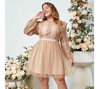 Elegantes Minikleid aus Mesh für Damen in Große Größen, zarte Spitzen-Patchwork A-Linie Kleid mit Glockenrock, geeignet für Hochzeit, Party, Geburtsta