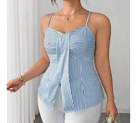 Elegantes minimalistisches Camisole Tank Top Große Größen für Damen, gestreift in Blau & Weiß, gewebter Stoff mit Digitaldruck, für Pendeln, Urlaub, C