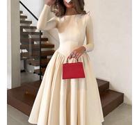 Elegantes, minimalistisches, modisches, lässiges, retro-großes Rock-Langarm-Einfarbkleid aus Winterstoff für Damen, plissiertes Reißverschluss-Langkle
