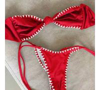 Elegantes Mode Damen Bikini Set in Rot & Weiß mit Kontrastnaht und Spitzenbesatz, sexy Neckholder, geeignet für Strand, Party, Urlaub im Sommer