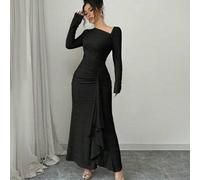 Elegantes, modisches Büro-Pendler Damen Dekor Langarm Asymmetrischer Kragen Tailliertes plissiertes figurbetontes Maxikleid aus strukturiertem Strick