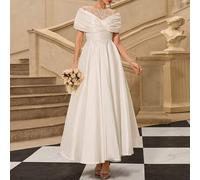 Elegantes Off-Shoulder Brautkleid mit Perlenbesatz, mit fließendem A-Linien Rock, geeignet für Hochzeiten, Geburtstagsfeiern und Jahrestage.